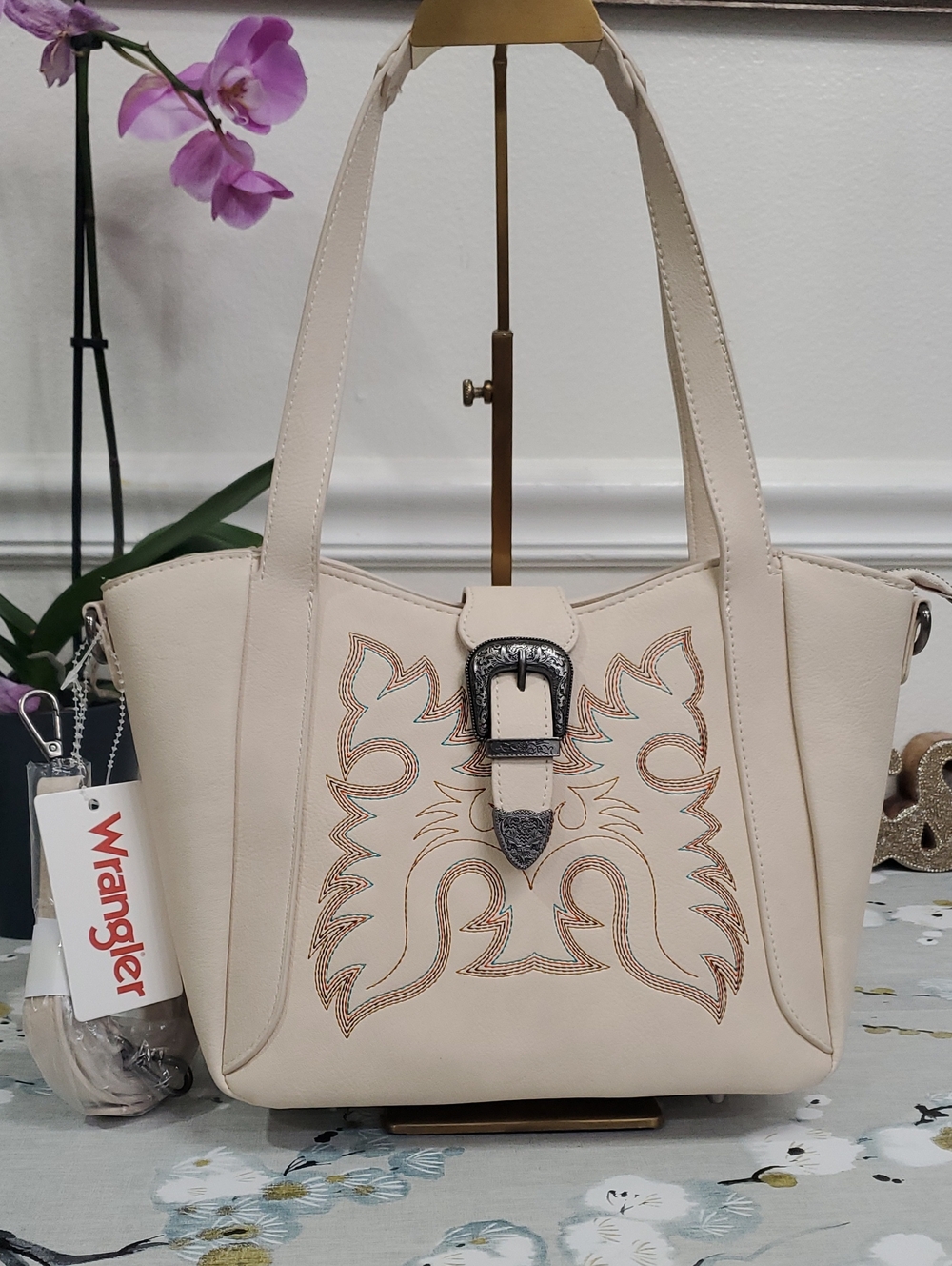 NWT Wrangler Cream Embroidered Tote Bag with Buckle Detail
